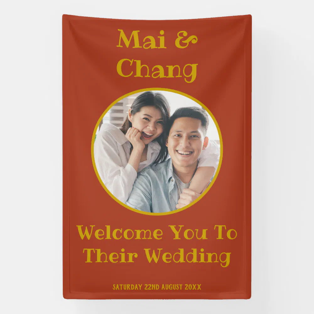 Red And Gold Couple Name And Photo Wedding Welcome Banner