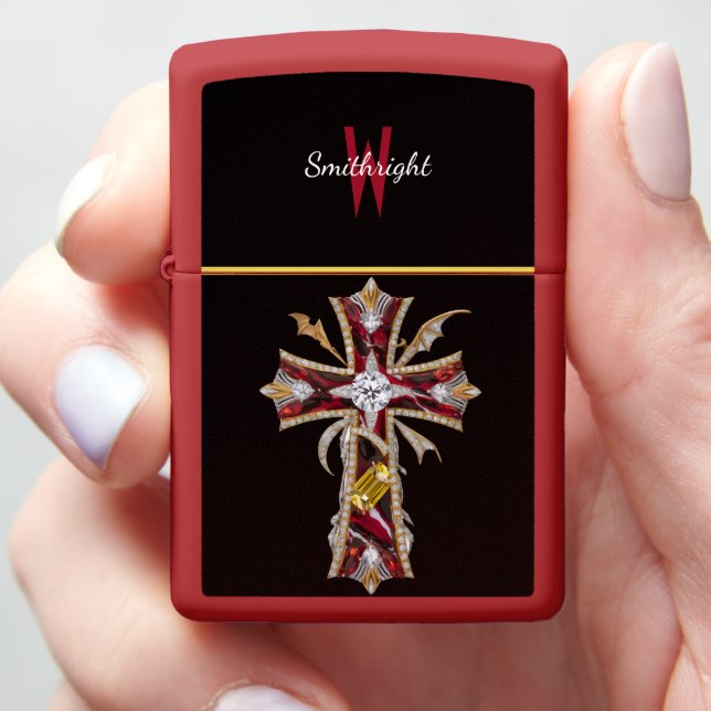 Red and gold cross with sparkling diamonds zippo lighter (In Hand)