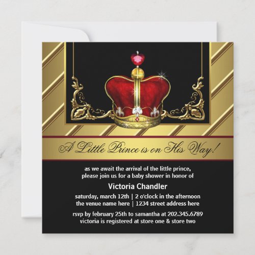 Red and Gold Crown Prince Baby Shower Invitation