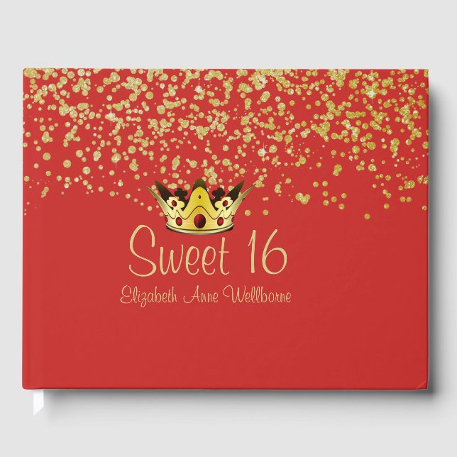 Red and Gold Crown Sweet 16 Guest Book (Front)