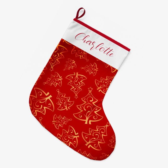 Red And Gold Custom Name  Large Christmas Stocking (Front (Hanging))
