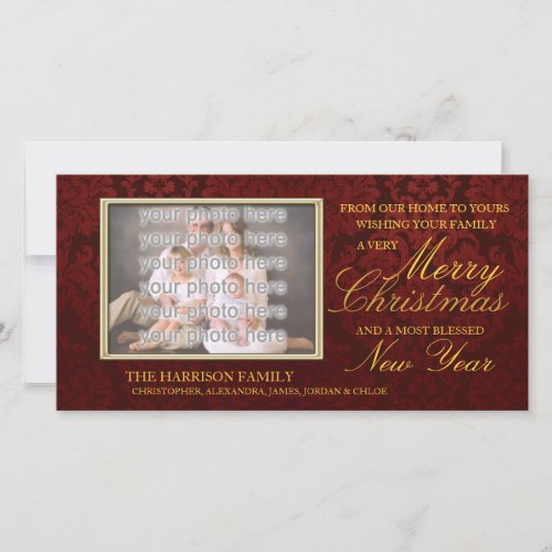 Red and Gold Damask Christmas Photo Greeting Card - A wonderful way to send your Christmas greetings this year, with this beautiful damask print photo Christmas Card.
