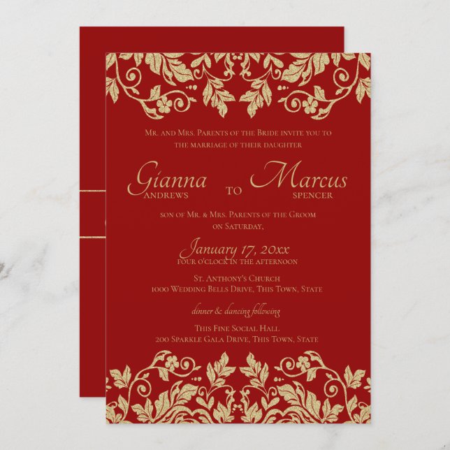 Red and Gold Damask Emblem Wedding Invitation (Front/Back)