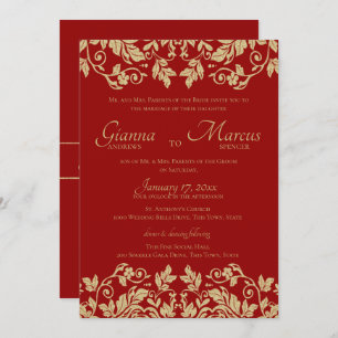 Red and Gold Damask Emblem Wedding Invitation