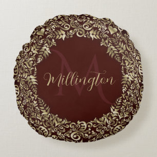 Red and Gold Damask Monogram Decorative Round Pillow