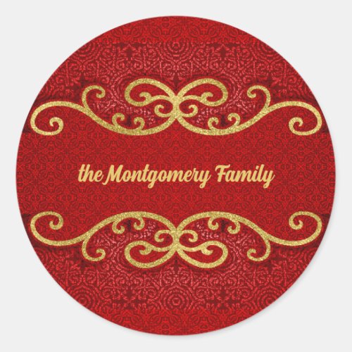 Red and Gold Damask Swirls with Name Classic Round Sticker