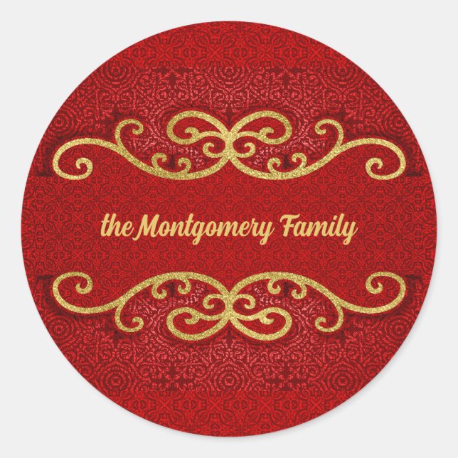 Red and Gold Damask Swirls with Name Classic Round Sticker (Front)