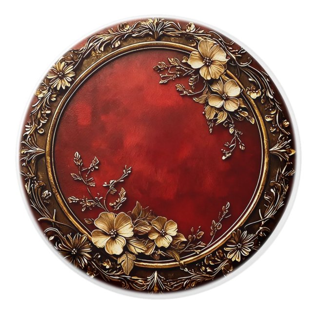 Red and Gold Dark Academia Floral Design Ceramic Knob (Front)