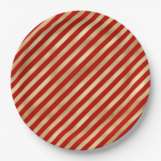 Red and Gold Diagonal Stripes Festive Paper Plates (Front)