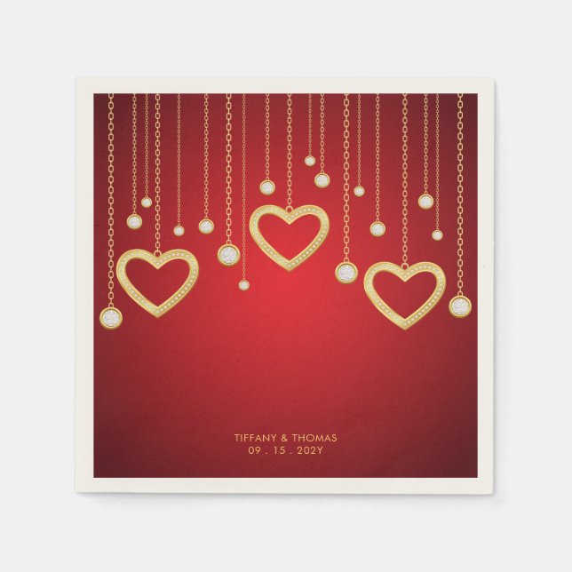 Red and Gold Diamond Heart Drip Elegant Jewel Napkins (Front)