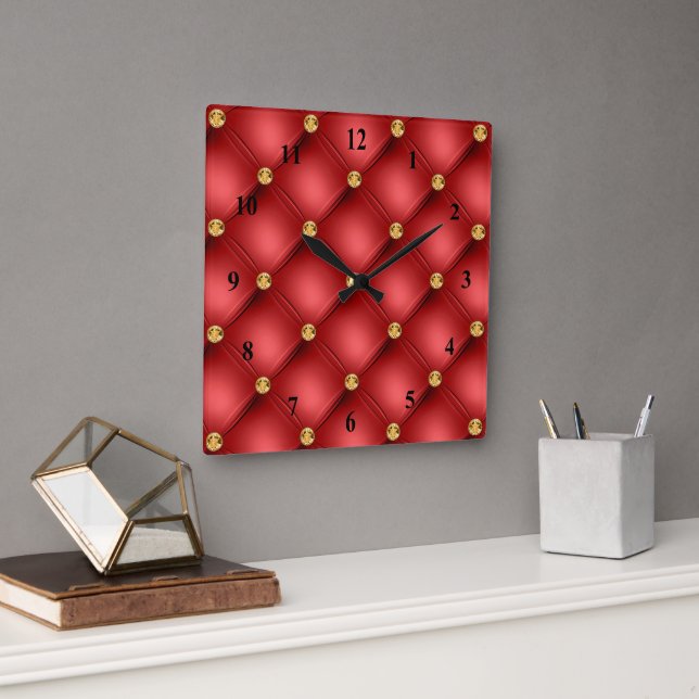 Red and Gold Diamond Tufted Leather Luxury Clock (Office)