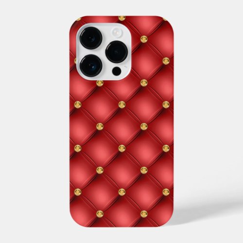 Red and Gold Diamond Tufted Leather Luxury Jewel iPhone 14 Pro Case
