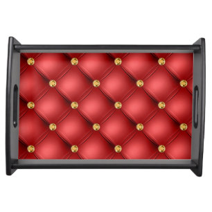 Red and Gold Diamond Tufted Leather Texture Luxury Serving Tray