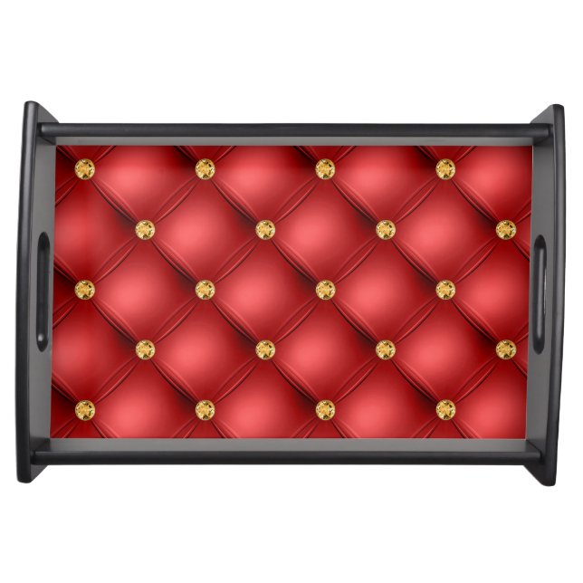 Red and Gold Diamond Tufted Leather Texture Luxury Serving Tray (Front)