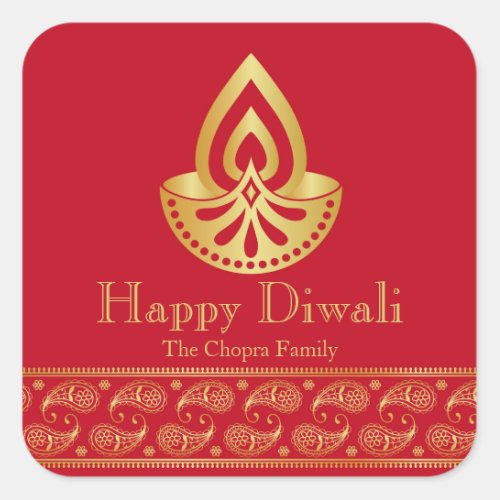 Red and Gold Diwali Party Favour Square Sticker