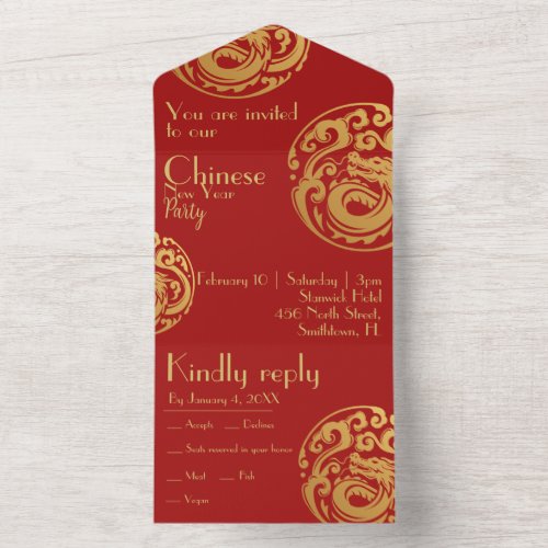 Red and gold dragon crest Chinese new year All In One Invitation