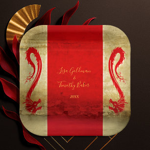 Red and Gold Dragon Fantasy Asian Theme Wedding Paper Plates