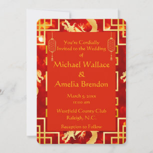 Red and Gold Dragon Wedding Round Invitation