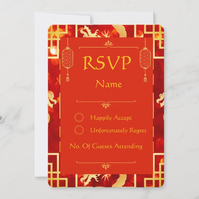 Red and Gold Dragon Wedding Rounded RSVP Card (Front)