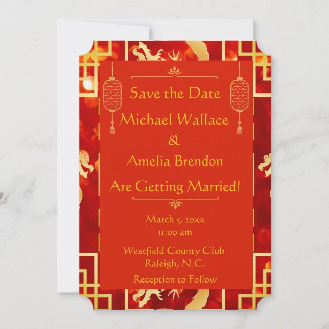 Red and Gold Dragon Wedding Save the Date (Front)