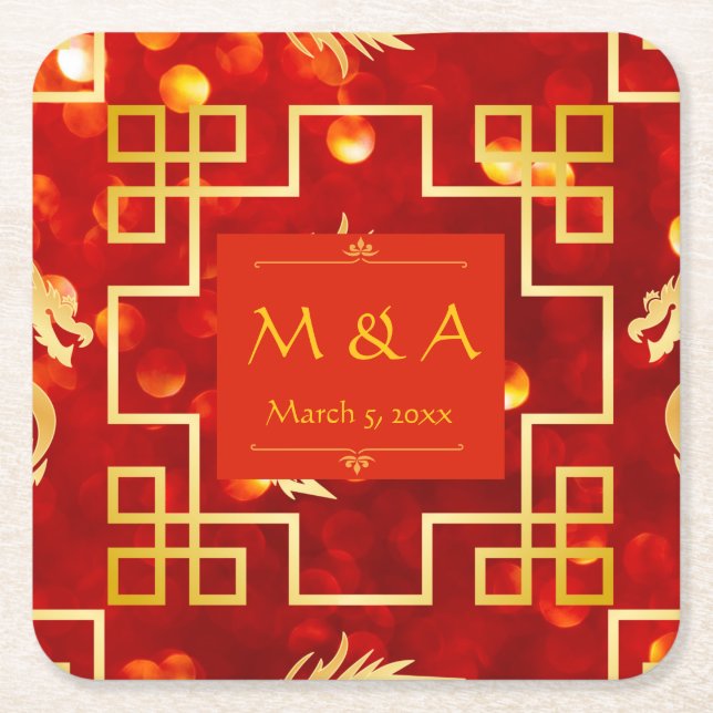 Red and Gold Dragon Wedding Square Paper Coaster (Front)