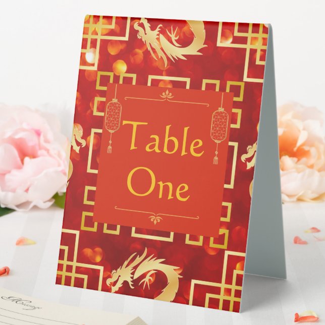 Red and Gold Dragon Wedding Table Numbers Tent (In SItu (Wedding))