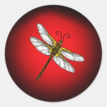 Red And Gold Dragonfly Classic Round Sticker by AutumnRoseMDS at Zazzle