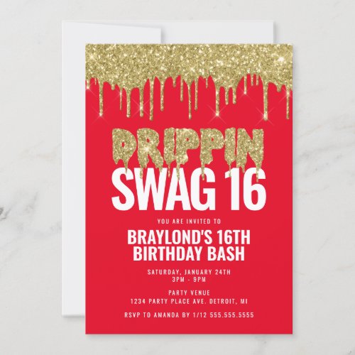 Red and Gold Drippin Swag 16 Birthday  Invitation