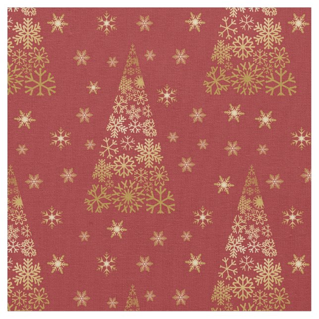 Red and Gold Elegant Christmas Tree Fabric (Close Up)