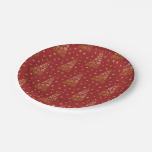 Red and Gold Elegant Christmas Tree Paper Plates