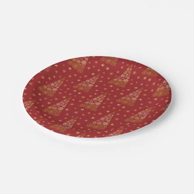 Red and Gold Elegant Christmas Tree Paper Plates (Angled)