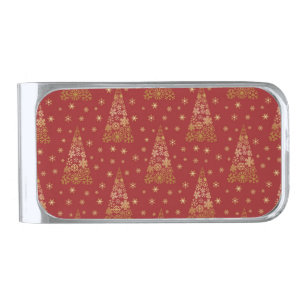 Red and Gold Elegant Christmas Tree Silver Finish Money Clip