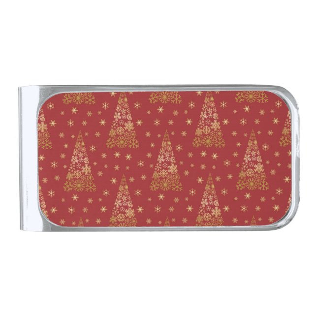 Red and Gold Elegant Christmas Tree Silver Finish Money Clip (Front)