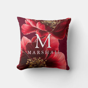 Red And Gold Elegant Floral Monogram Family Name Throw Pillow