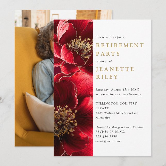 Red And Gold Elegant Floral Retirement Party Photo Invitation (Front/Back)
