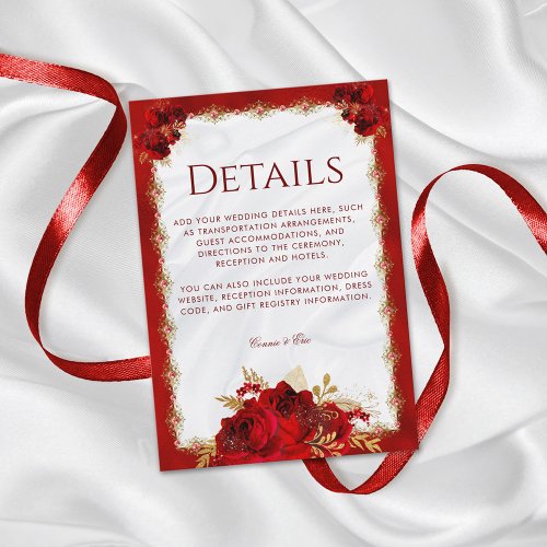 Red and Gold Elegant Floral Wedding Details Enclosure Card