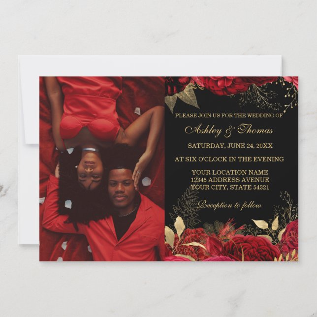 RED AND GOLD ELEGANT ROSE WEDDING INVITATIONS (Front)