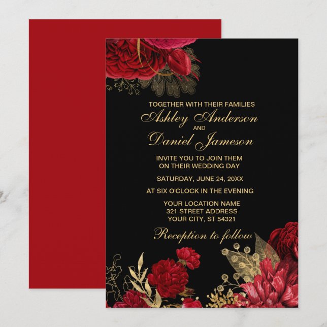 RED AND GOLD ELEGANT ROSE WEDDING INVITATIONS (Front/Back)