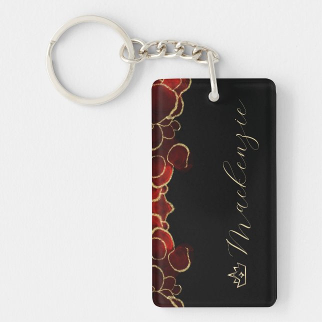 Red and Gold Elegant Script Personalized Keychain (Front)