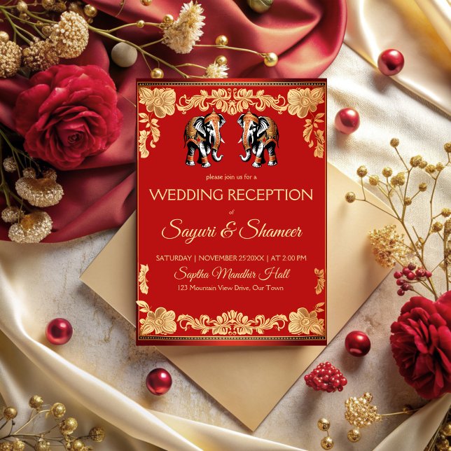 Red and gold elephants Indian wedding reception Invitation (Red and gold elephants Indian wedding reception Invitation cards template wedding invitation suite)