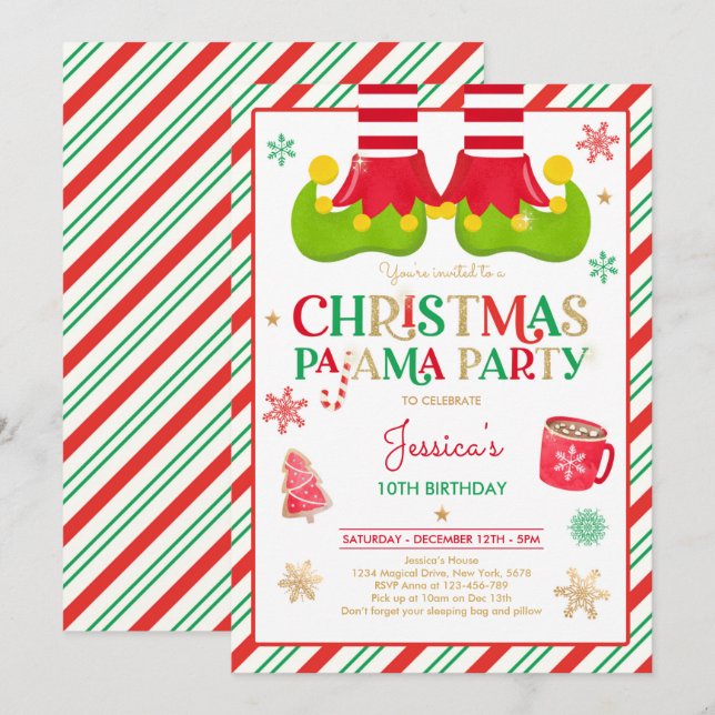 Red And Gold Elf Christmas Pajama Birthday Party Invitation (Front/Back)