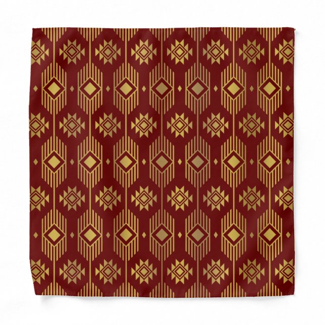 Red and gold ethnic ikat geometric pattern bandana (Front)