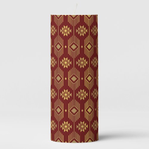 Red and gold ethnic ikat geometric pattern pillar candle