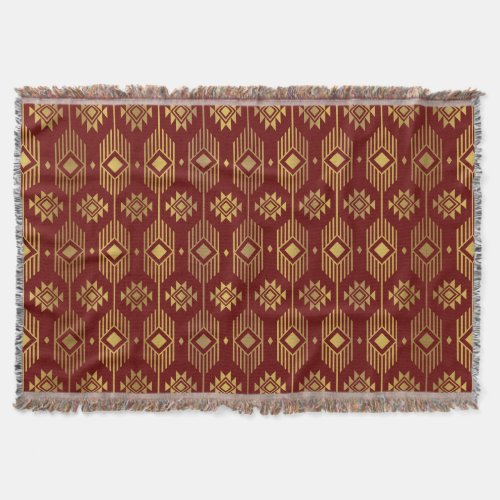 Red and gold ethnic ikat geometric pattern throw blanket