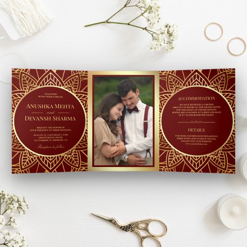 Red and Gold Ethnic Mandala Indian Wedding Tri_Fold Invitation