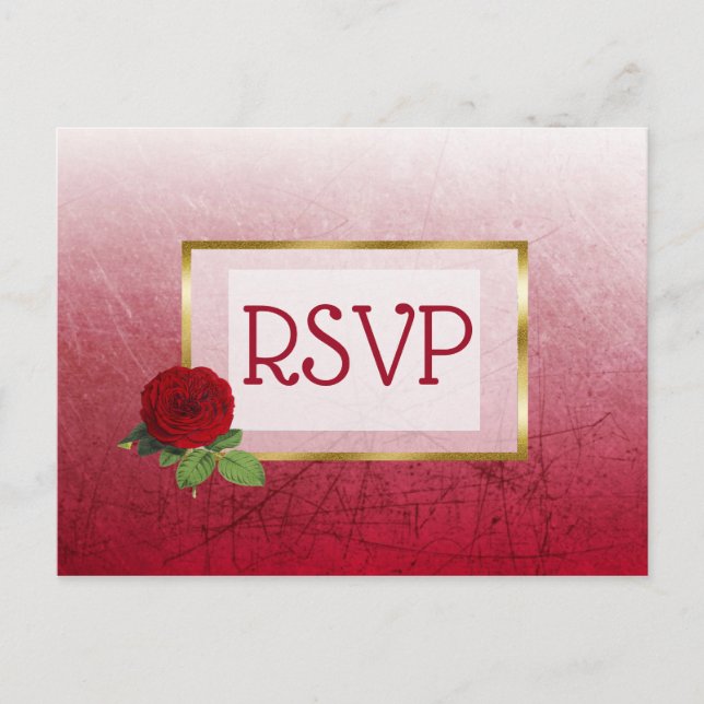 Red and Gold Faded Rose Wedding RSVP Postcards (Front)