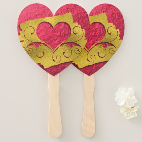 Red and Gold Faux Foil Heart Cut_Out Valentine Hand Fan