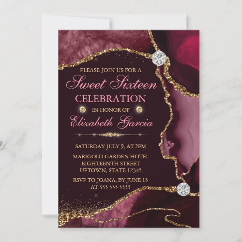 Red and Gold Faux Glitter Agate Sweet Sixteen Invitation