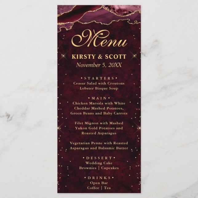 Red and Gold Faux Glitter Agate Wedding Menu (Front)