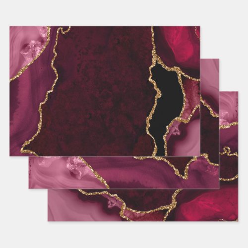 Red and Gold Faux Glitter Agate Wrapping Paper Sheets